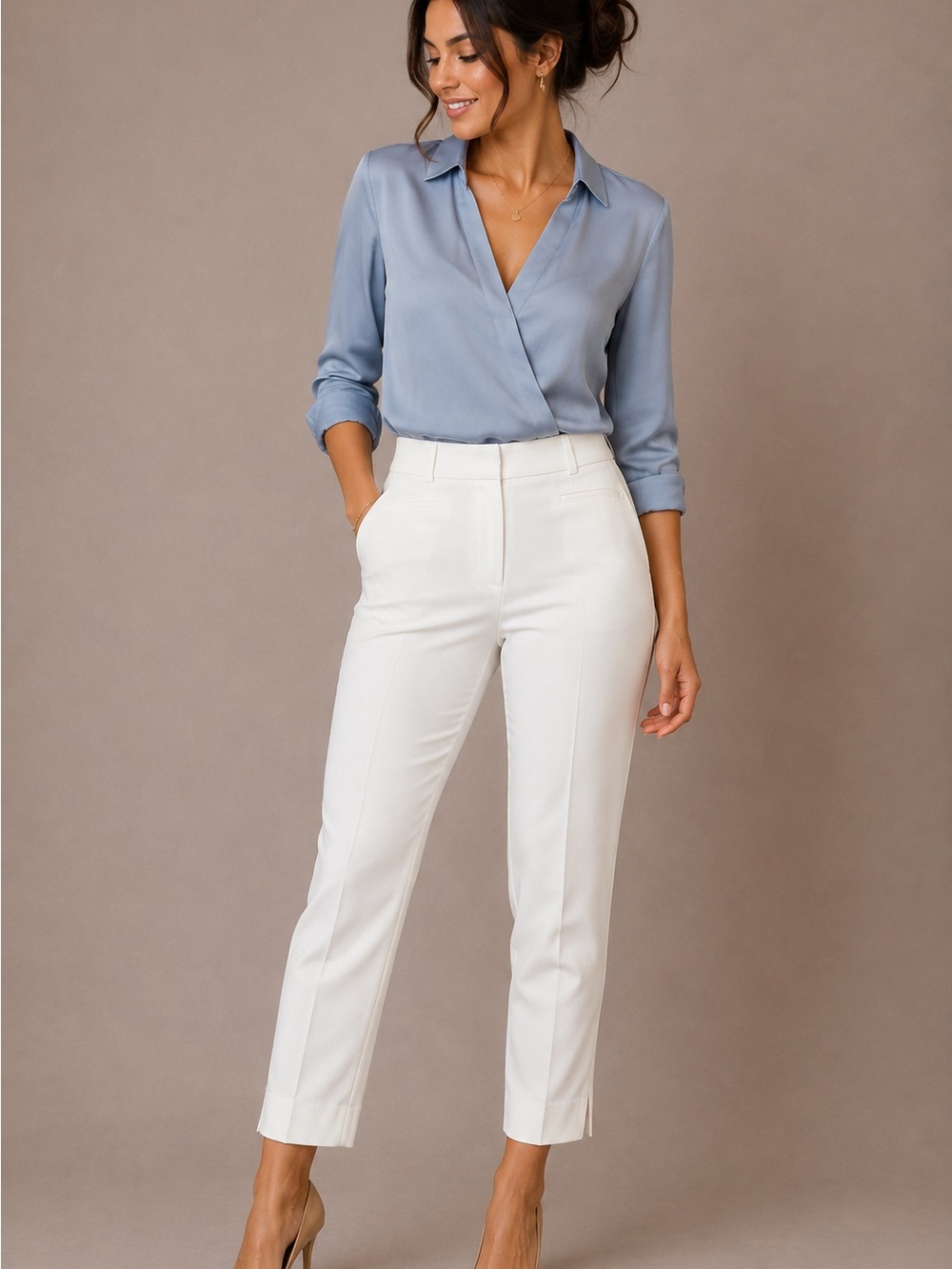 LOFT Cream High-Waist Cropped Slim Ankle Pants